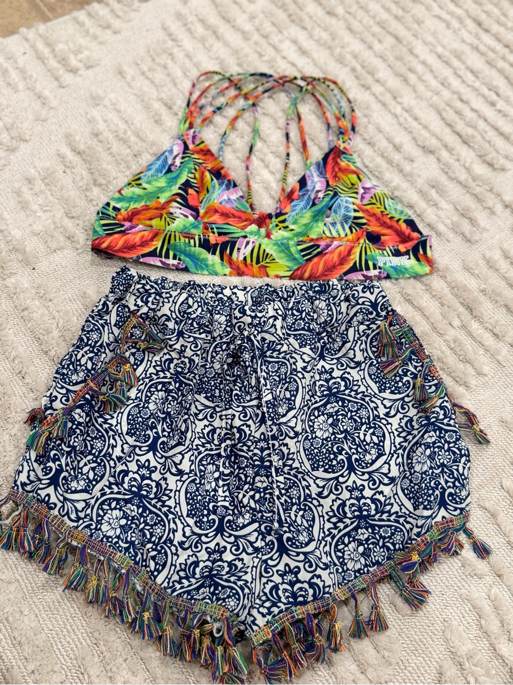 Tropical Leaf Strappy Bralette with Navy Tassel Print Shorts BUNDLE